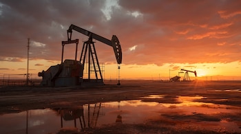 Dos bombas de extracción de petróleo sobre un terreno con charcos de agua que reflejan un cielo anaranjado durante el atardecer.