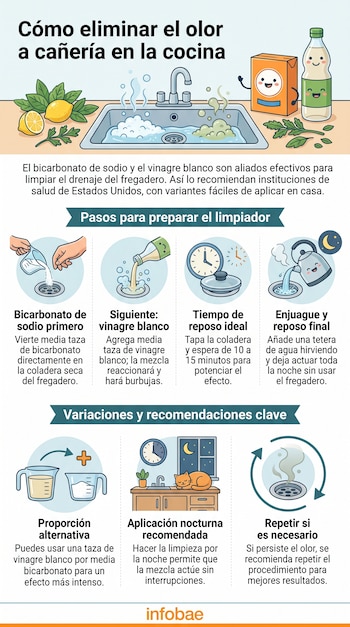 Infografía con ilustraciones de un fregadero, botellas, tazas medidoras y textos explicativos sobre la limpieza de la cañería.