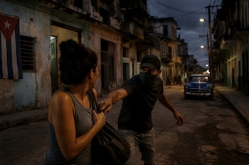 Un hombre con gorra y rostro cubierto intenta quitarle el bolso a una mujer en una calle con una bandera de Cuba y un automóvil azul.