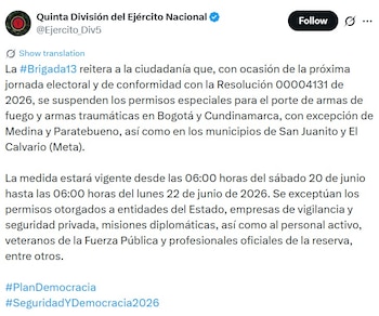 La restricción para la votación también cobijará a esos dos municipios metenses, además de la capital del país y la mayor parte de Cundinamarca, según lo dispuesto para 2026 - crédito captura de pantalla @Ejercito_Div5 / X