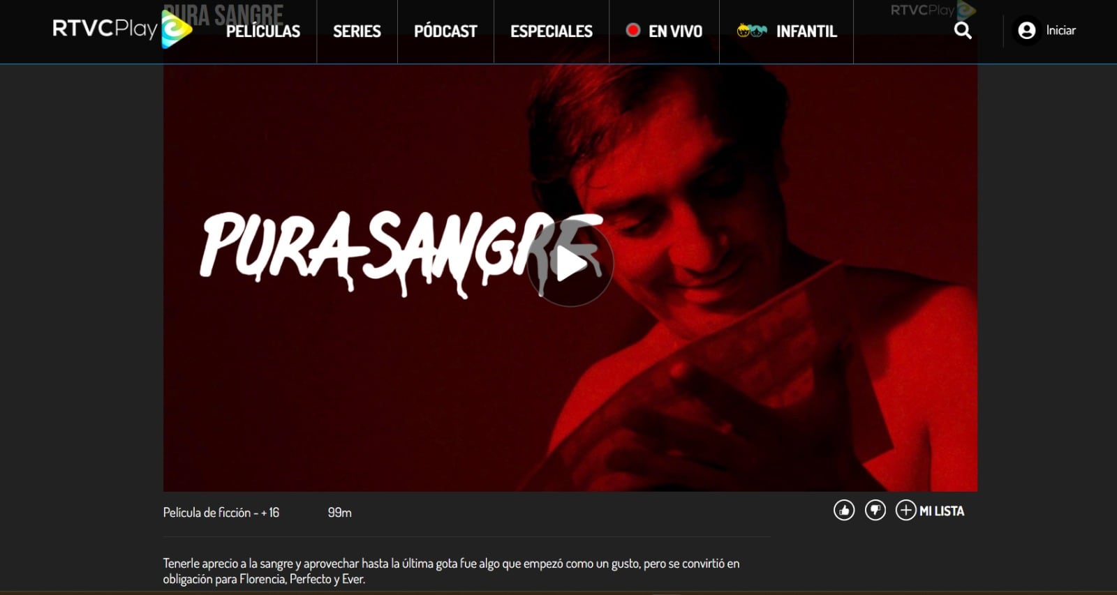 Película Pura Sangre - crédito RtvcPlay