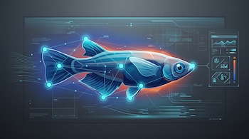 Ilustración de un pez azul rodeado de puntos luminosos conectados por líneas finas y acompañado por un panel lateral con gráficos de datos.