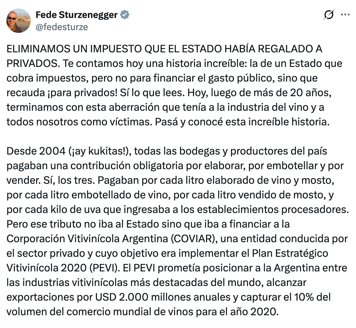 Federico Sturzenegger oficializó en su cuenta de X la eliminación del aporte obligatorio de las bodegas a Coviar (X)