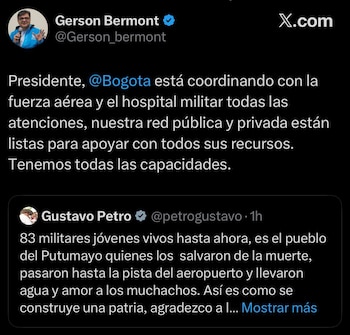 El gobierno distrital puso a disposición recursos hospitalarios y vehículos de emergencia, asegurando comunicación permanente con los mandos militares para responder oportunamente a la atención requerida - crédito @Gerson_bermont / X