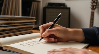 Una mano escribe con un bolígrafo negro en un cuaderno abierto. El fondo desenfocado muestra una pila de discos de vinilo, un amplificador y el mástil de una guitarra.