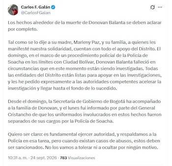 El alcalde Galán expresó que no se tolerarán abusos dentro de la Policía - crédito @CarlosFGalan/X
