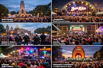 Seis imágenes de eventos musicales con escenarios, bandas, sistemas de sonido y grandes grupos de personas. Algunos edificios y monumentos visibles de fondo.