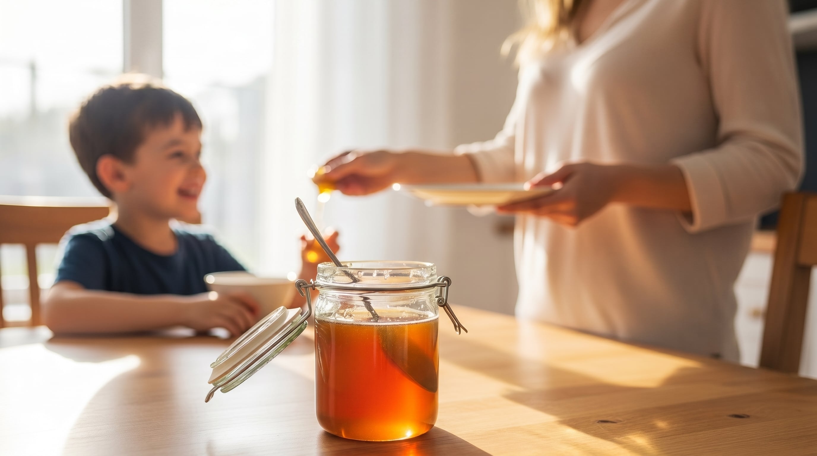 Una madre sirve el desayuno a su hijo mientras disfrutan de un momento acogedor y soleado en casa, con un frasco de miel fresca en la mesa. (Imagen Ilustrativa Infobae)