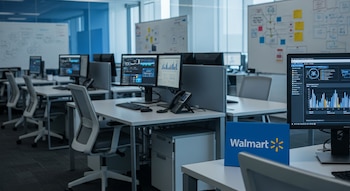 Oficina corporativa moderna con escritorios vacíos, sillas giratorias y monitores encendidos. En primer plano, el logo azul y amarillo de Walmart.