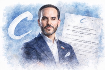 Ilustración estilo acuarela de Abelardo de la Espriella con traje formal, el logo del Partido Conservador y una carta oficial parcialmente visible.