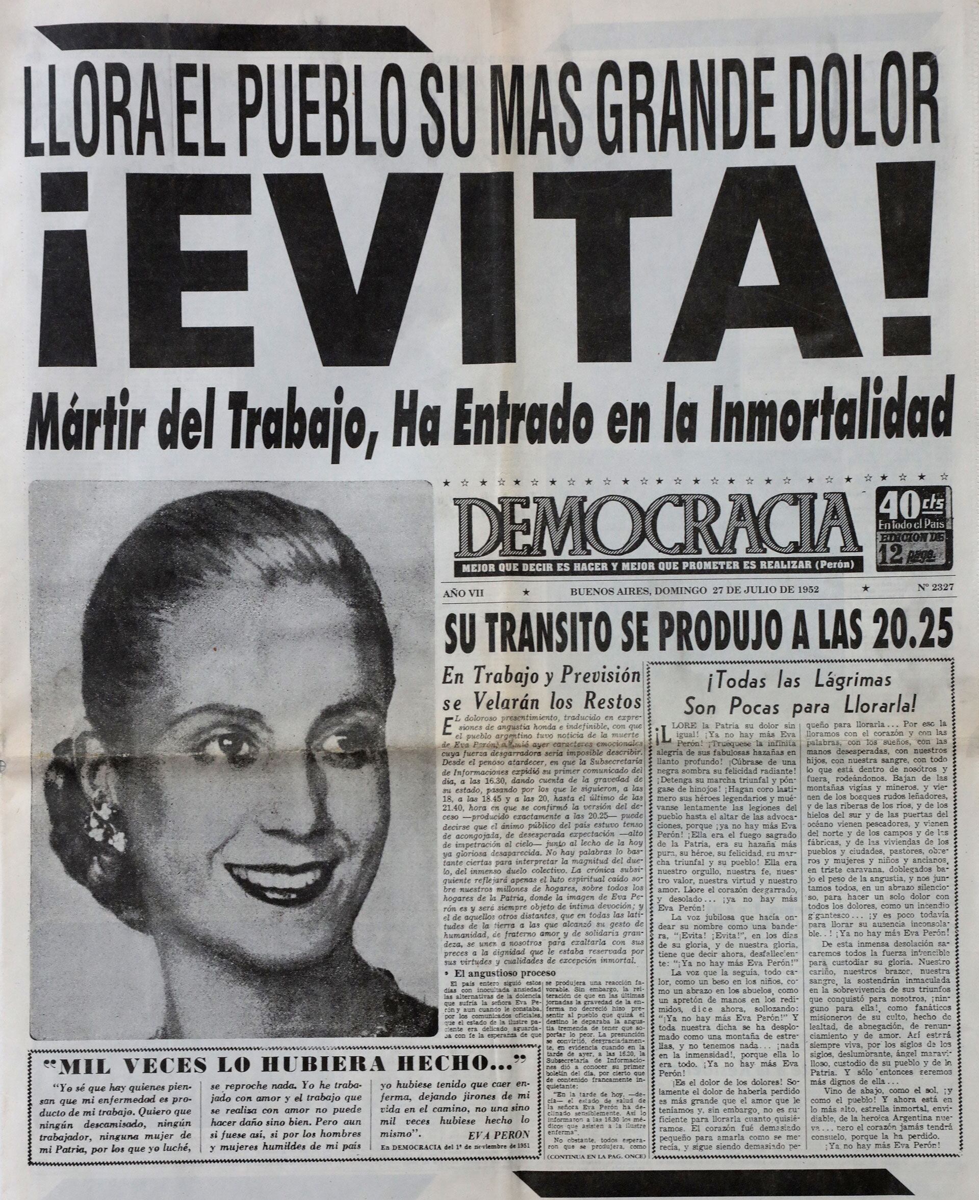 Así anunciaban los diarios de la época la muerte de Eva Perón