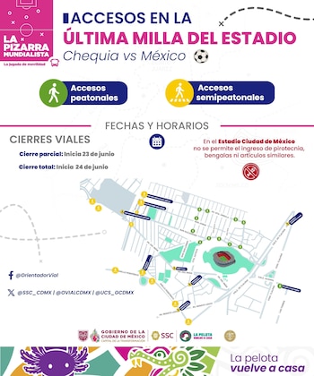 Infografía de mapa urbano con el Estadio Azteca, rutas de acceso peatonales y semi-peatonales, cierres viales, fechas de junio y logotipos oficiales