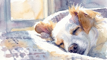 Primer plano de una ilustración acuarelada de un perro blanco y marrón claro durmiendo o descansando, con ojos cerrados y expresión serena.