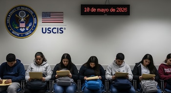 Siete jóvenes sentados en una sala de espera del USCIS, con carpetas y mochilas. Detrás, logo del USCIS y letrero digital con la fecha "10 de mayo de 2026".