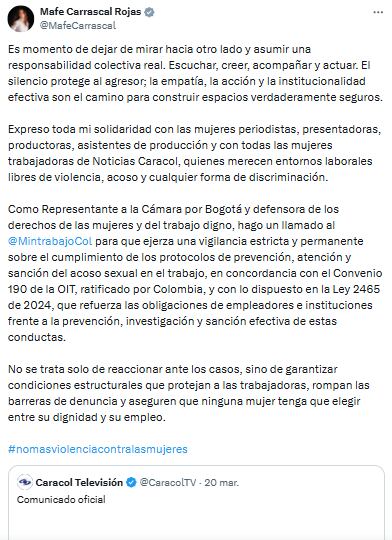 Mafe Carrascal se pronunció sobre los hechos que están salpicando a Caracol Televisión con denuncias de presuntos casos de acoso - crédito @MafeCarrascal/X