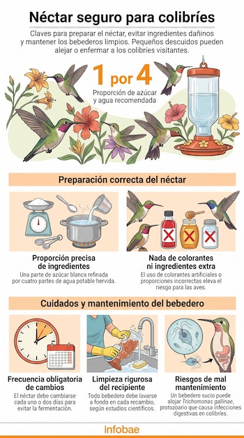Infografía con ilustraciones de colibríes, flores, bebedero, ingredientes de néctar, fregadero, reloj, calendario y gráfico de un protozoario.