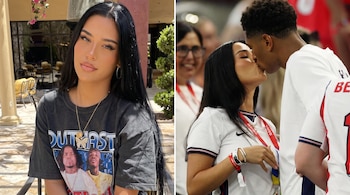 Dos imágenes: a la izquierda, una mujer de cabello oscuro; a la derecha, la misma mujer besa a un hombre de cabello rizado con camiseta deportiva.