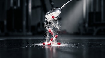 Una cuchara metálica dispensa polvo blanco y cápsulas rojas y blancas sobre una superficie oscura, con partículas de polvo en el aire y un fondo desenfocado.