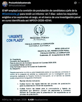 El Ministerio Público fijó un plazo de siete días para recibir la información sobre la convocatoria remitida al presidente de la comisión Miquel Cortés.