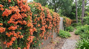 Cerca de madera cubierta por una densa enredadera de flores anaranjadas junto a un camino de piedra y plantas verdes.
