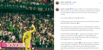 Harlen Castillo y su despedida para los hinchas de Atlético Nacional, en la que asegura que va a regresar a la institución - crédito @harlen_castillo/Instagram