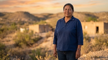 Mujer de mediana edad con blusa azul y pantalón de mezclilla, pulsera tejida. Fondo difuminado de paisaje desértico con colinas y estructuras de adobe.