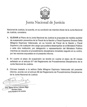 Informe firmado por la vicepresidenta de la JNJ, donde se propone la suspensión de Delia Espinoza.