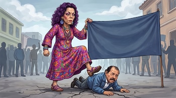 Caricatura de una mujer con vestido estampado que pisa a un hombre tirado en el suelo mientras sostiene una pancarta azul sin texto.