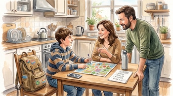 Ilustracion en acuarela de un niño y sus padres en la cocina con un mapa, una hoja de normas, un telefono y una mochila sobre la mesa.