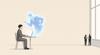 Un hombre sentado ante una computadora de la que emerge una silueta humana azul, mientras dos personas con carpetas observan al fondo.