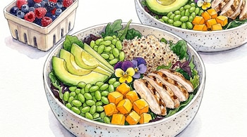 Ilustración en acuarela de un bol con palta, edamame, quinoa, pollo, cubos naranjas y flores. Cesta de bayas frescas visible al fondo.