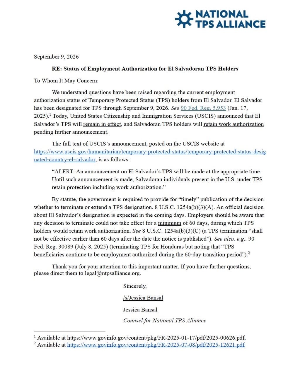 Carta a los empleadores la cual explica que los salvadoreños amparados por el TPS mantienen vigente su autorización para trabajar en Estados Unidos hasta que el Servicio de Ciudadanía e Inmigración anuncie una decisión oficial. (Cortesía: Alianza Nacional del TPS)