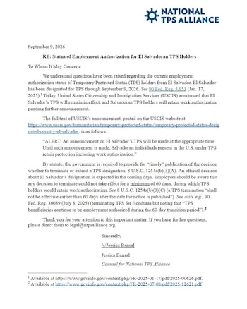 Carta a los empleadores la cual explica que los salvadoreños amparados por el TPS mantienen vigente su autorización para trabajar en Estados Unidos hasta que el Servicio de Ciudadanía e Inmigración anuncie una decisión oficial. (Cortesía: Alianza Nacional del TPS)
