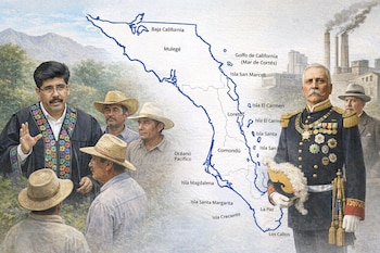 Pintura conceptual del mapa de Baja California Sur, con Porfirio Díaz y una fábrica a la derecha, y Hugo Aguilar con ejidatarios a la izquierda.