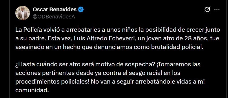 Oscar Benavides anunció que tomarán las acciones pertinentes contra lo que calificó como sesgo racial en medio de los procedimientos policiales - crédito @ODBenavidesA/X