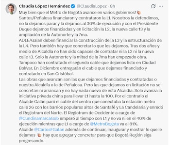 Claudia López pidió que el Gobierno nacional y la Alcaldía de Bogotá financien la Línea 3 del Metro y avancen en la estructuración de la Línea 4 - crédito Claudia López/X