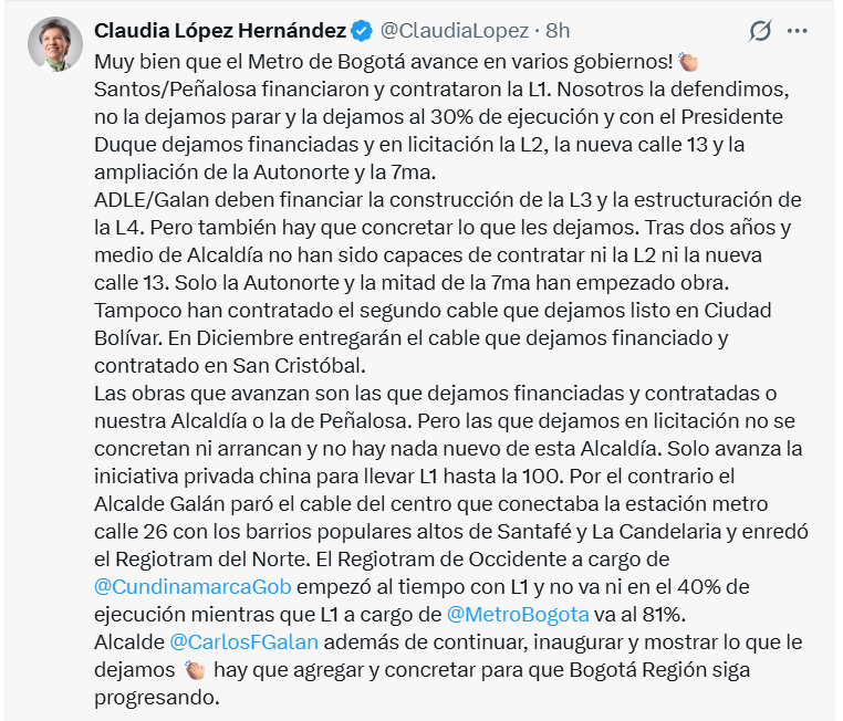 Claudia López pidió que el Gobierno nacional y la Alcaldía de Bogotá financien la Línea 3 del Metro y avancen en la estructuración de la Línea 4 - crédito Claudia López/X