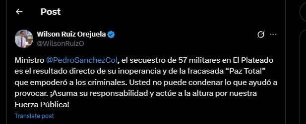 Wilson Ruiz también criticó en sus redes sociales al ministro de Defensa - crédito @WilsonRuizO