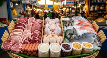 Una canasta grande exhibe secciones separadas de carne roja, salchichas, pollos, pescados frescos sobre hielo y pequeños sacos de arroz, frijoles y maíz.