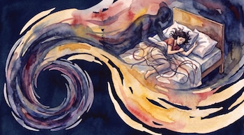 Una persona duerme en una cama con sábanas blancas, una figura humanoide oscura se inclina sobre ella. Remolinos de colores cálidos y fríos las rodean sobre un fondo azul oscuro.