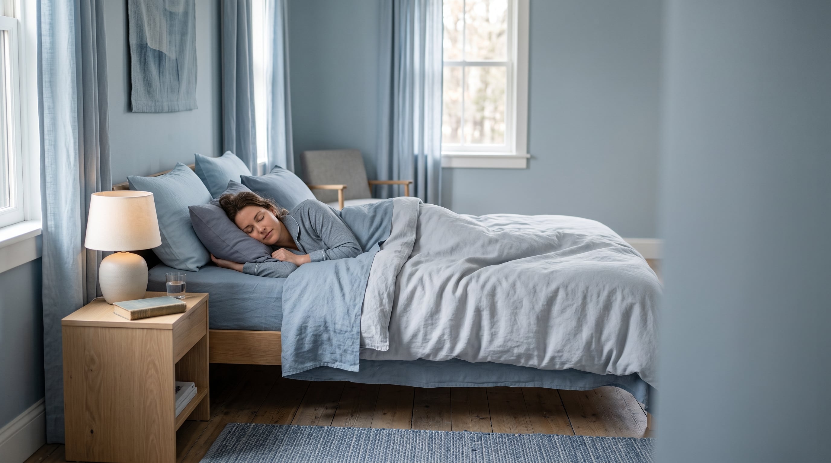 Los tonos de azul apagado, como azul polvo, celeste grisáceo o azul pizarra, aparecen de forma recurrente entre las alternativas más recomendadas para el dormitorio. Suelen vincularse con calma, orden y una menor activación antes del descanso. (Imagen Ilustrativa Infobae)