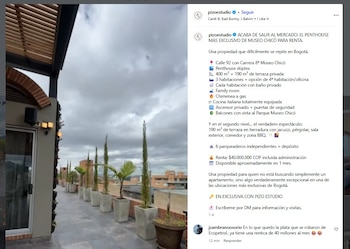 El penthouse 901 del edificio Entre Parques, en el sector del Museo del Chicó, volvió a generar atención tras aparecer en una oferta de arriendo por $40 millones mensuales - crédito @pizoestudio/Instagram