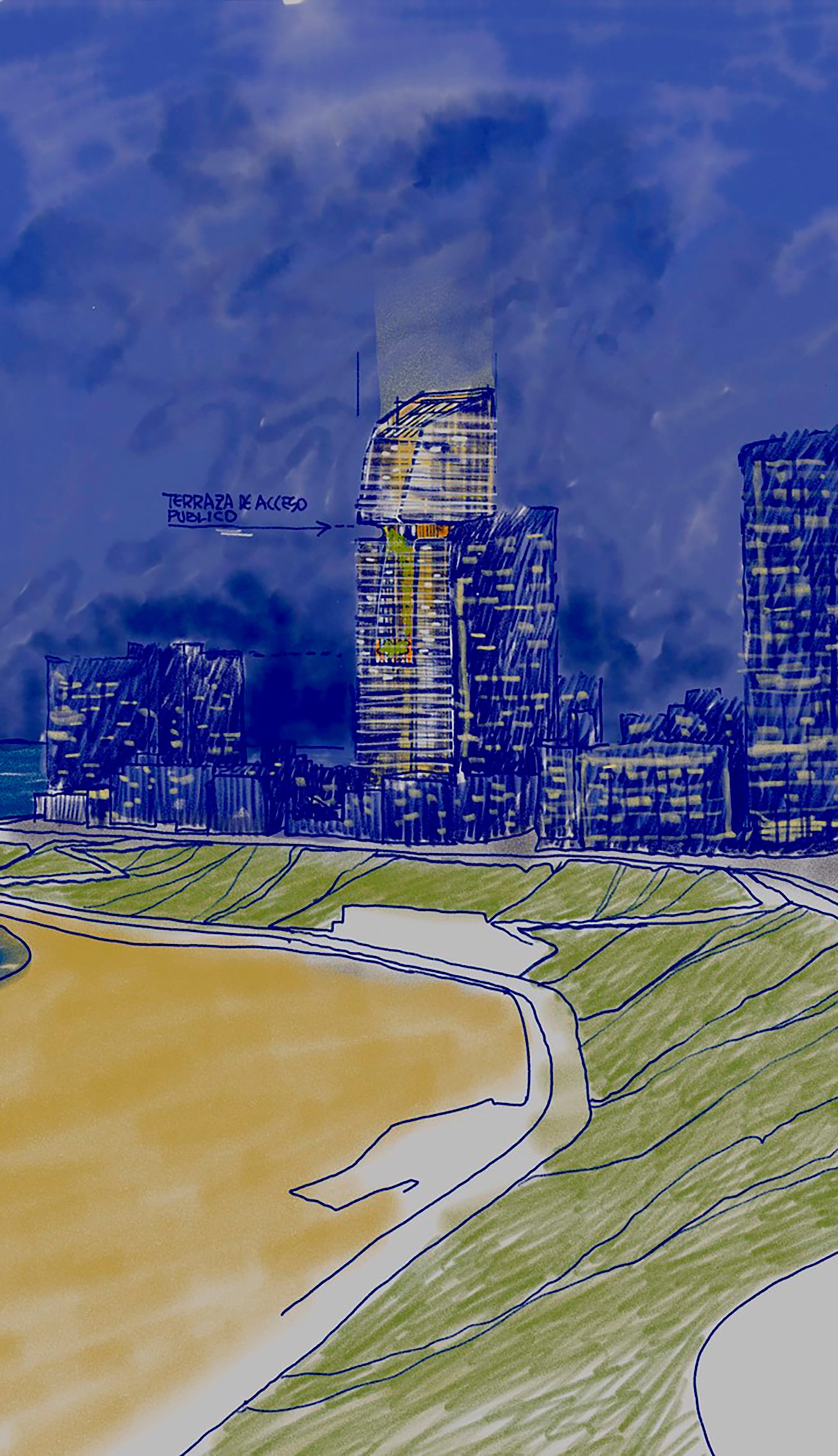 El croquis de una de las fachadas del Malecón Alem visto desde la playa