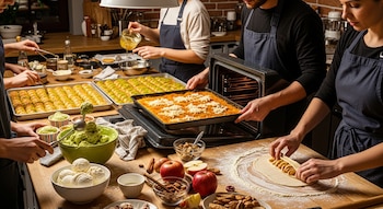 En una cocina, varias personas preparan postres. Se ven bandejas de baklava, un künefe saliendo del horno, strudel de manzana y helados de crema y pistacho.