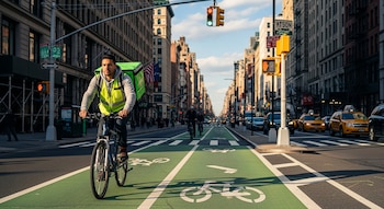 Un repartidor en bicicleta con chaleco amarillo fluorescente y mochila verde circula por un carril bici verde marcado en una calle de Manhattan.