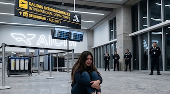 Una mujer joven con cabello castaño oscuro llora sentada en el suelo de un aeropuerto moderno, abrazando sus rodillas. Al fondo, personal aeroportuario y equipos de seguridad.