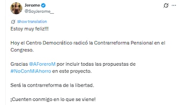 Jerome Sanabria celebró la contrarreforma pensional. Dijo que “será la contrarreforma de la libertad”- crédito @SoyJerome__/X