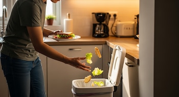 Persona en una cocina desechando restos de comida (lechuga y pan) en un cubo de basura con la tapa abierta, mientras sostiene un plato con un sándwich.