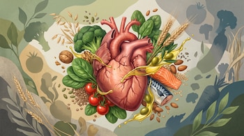 Un corazón humano rodeado de brócoli, tomates, espinacas, pescado, frutos secos, semillas, espigas de trigo y un chorro de aceite de oliva.