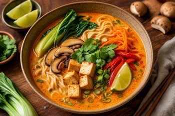 Tazón de cerámica con caldo rojo, fideos, cubos de tofu, hongos laminados, col china, tiras de pimiento y una rodaja de lima.